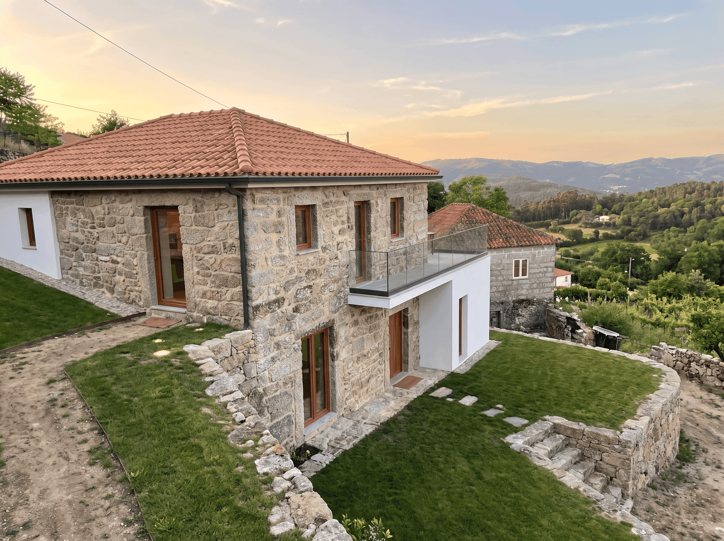 Fachada da moradia em pedra restaurada, detalhe ao entardecer